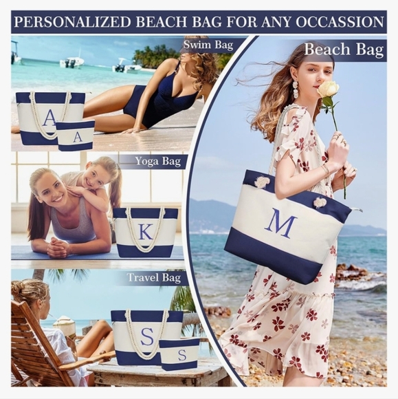 Beach Canvas Bags for Women Initial Tote Waterproof Bag & Cosmetic Bag "M" - Picture 5 of 6